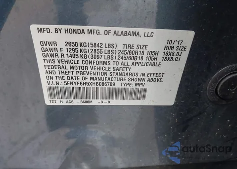 2017 Honda Pilot Ex-L из США, поврежденный, VIN 5FNYF6H5XHB086709